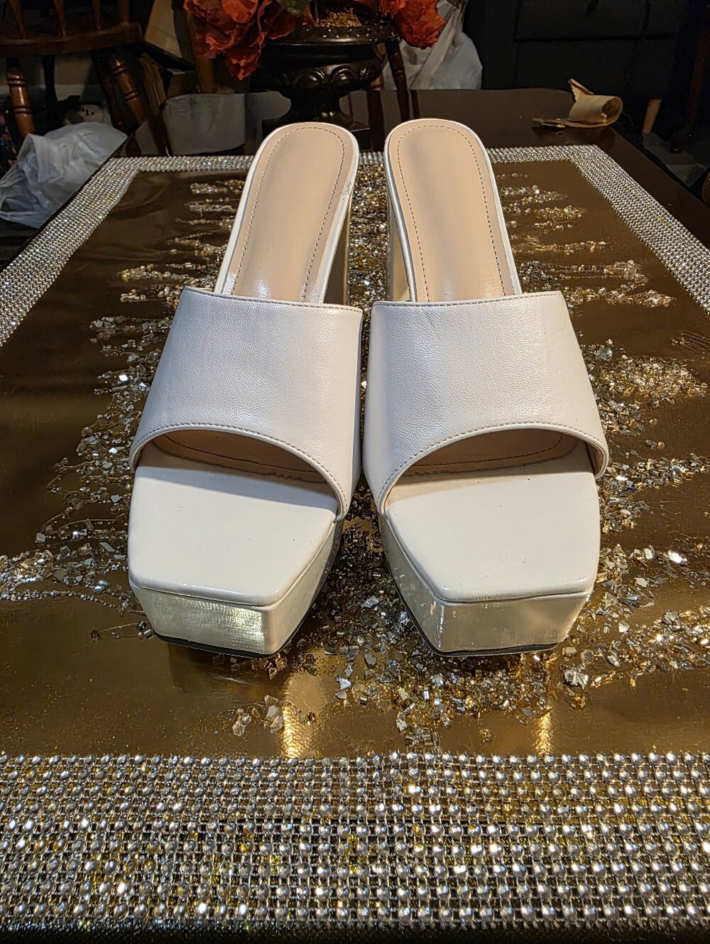 White Square-Toe Platform Slide Mules for Women